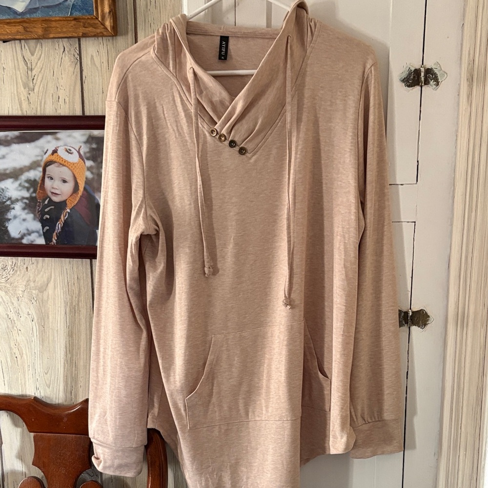 Beige Hooded Pullover with Button Detail asemetrical light fabric